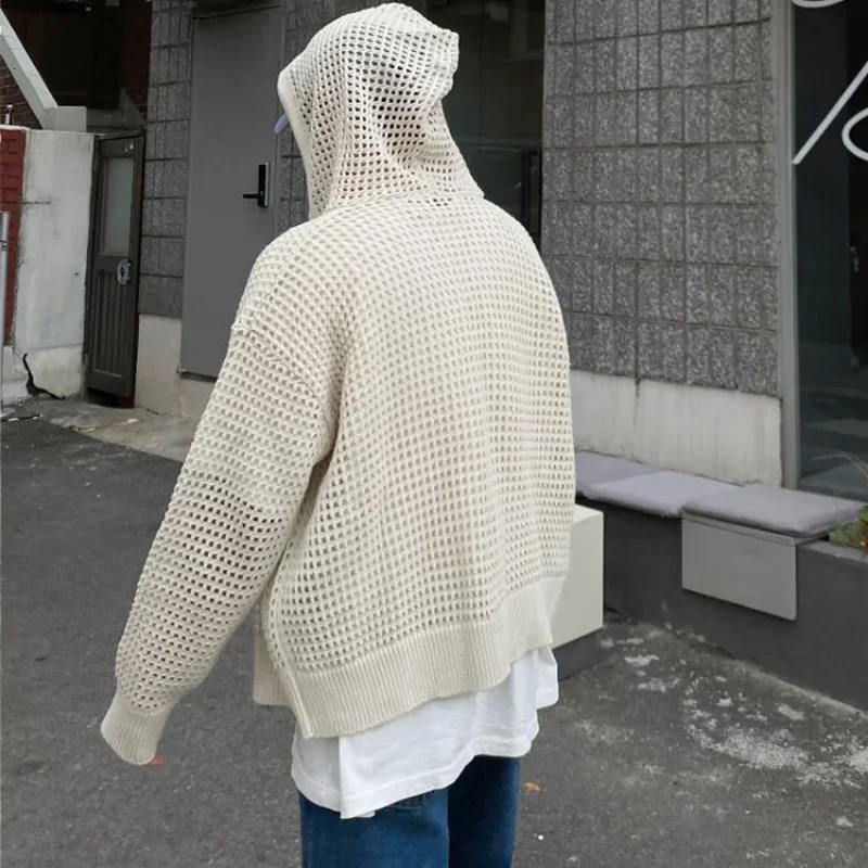 Hollow Out Hooded Cardigan for Men SpringSummer Korean Loose Mesh Trend Lazy Coat Casual Zipper Knitted Jacket High Streetwear 241024