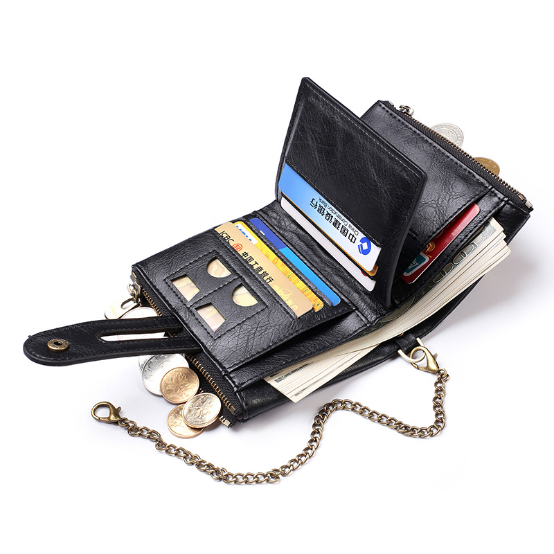100% Genuine Leather Men Wallet Coin Purse Small Mini Card Holder Chain PORTFOLIO Portomonee Male Walet Pocket