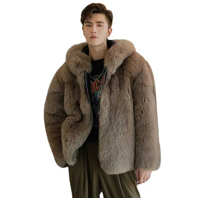 S-6XL Size Mens Faux Fur Jacket Autumn Winter Warm Wool Short Coat Mens Jackets Hooded Loose Warm Brown ParkasXJ241102