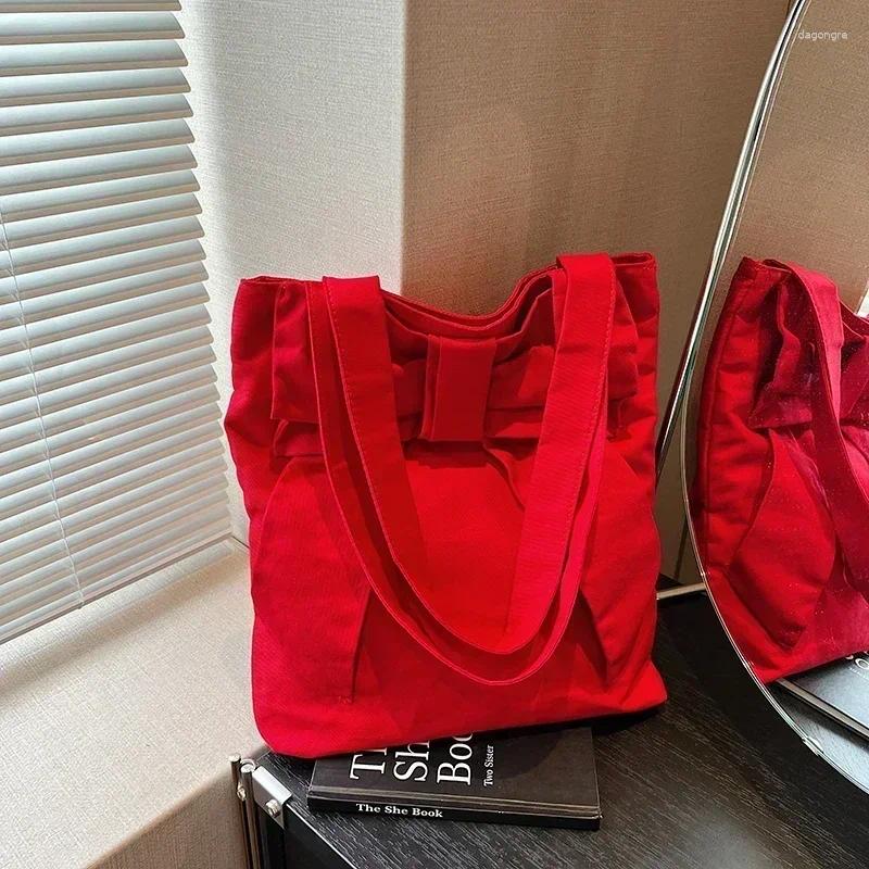 2025 NEW Drawstring Bow Design Canvas Shoulder Bag Fashionable Simple Slack Women's Underarm Maiden All-match Handbag Bolso De Hombro