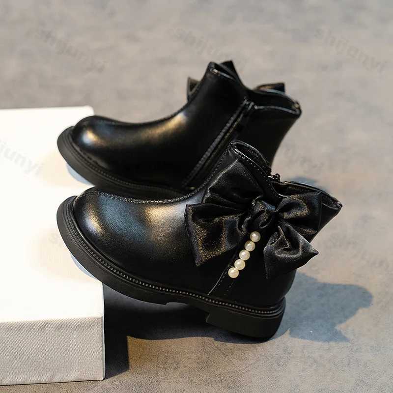 Girls autumn and winter new ankle boots Fahshion pearl bow knot side zipper childrens short boots PU leather smooth sweet childrens Botas M241102