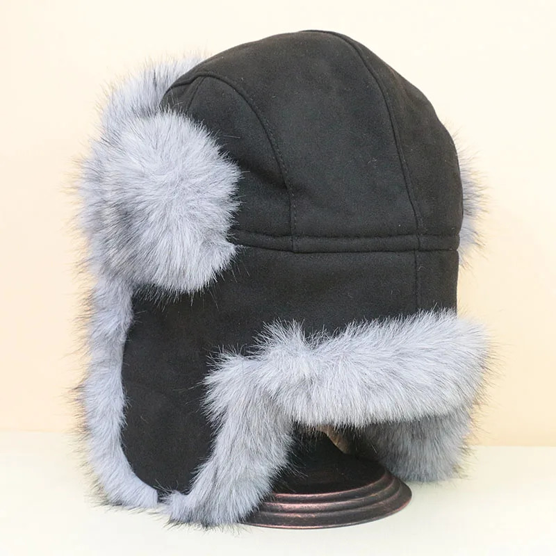 Winter Ear Hood Mens Ushanka Russian Cavalry Pilot Hat Warm Autumn Artificial Fox Fur Bomber Hat Black 241031