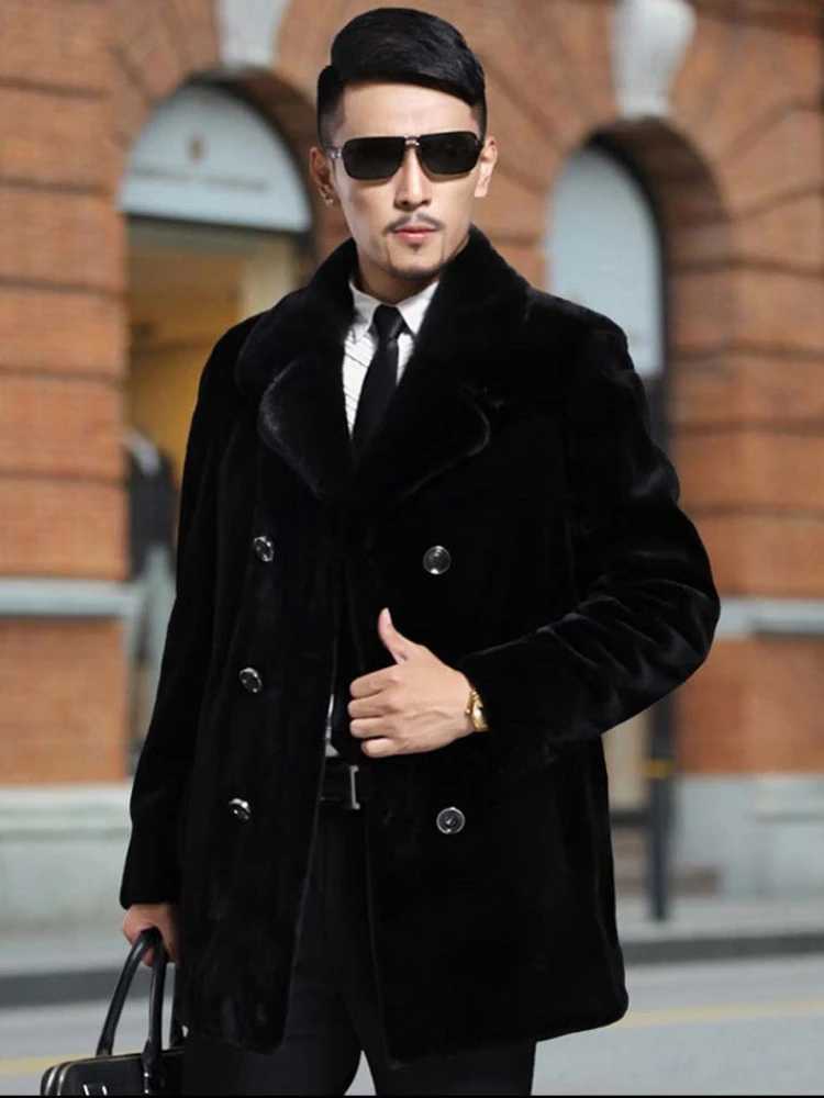 Winter Faux Fur Coat Men Thick Warm Windbreaker Long Sleeve Double-breasted Suit Collar Fur Coat Plus Size Slim Fit JacketXJ241102