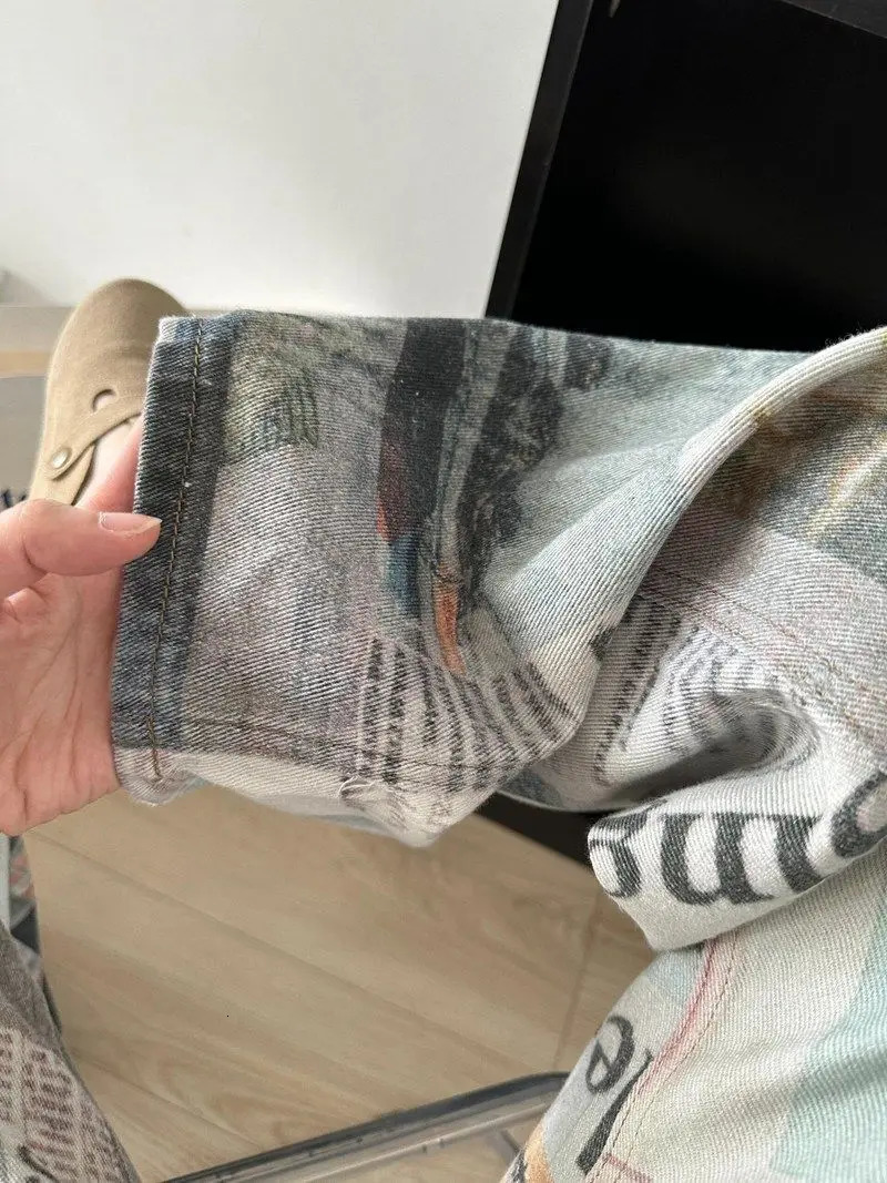 American style high street personalized printed spaper jeans for men and women summer straight tube loose wide leg pants y2k 241024