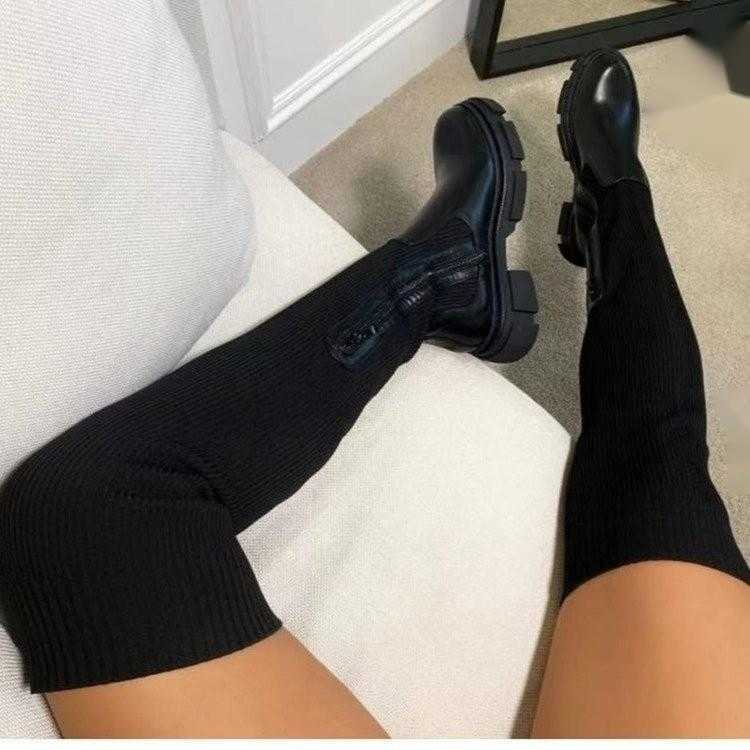 CMM Autumn and Winter Womens Long Boots Thick Soled Round Toe Knitted Boots Over the Knee Womens Boots Shoes