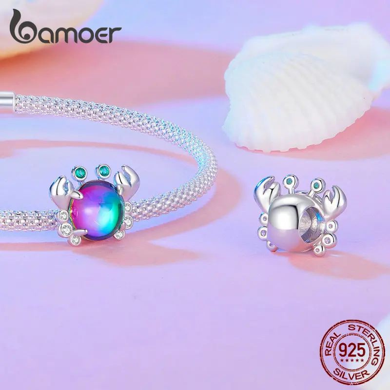 Bamoer 925 Sterling Silver Dreamy Oecan Series Dazzling Crab Beads Seahorse Pendant Charms for Women Bracelet and Necklace DIY
