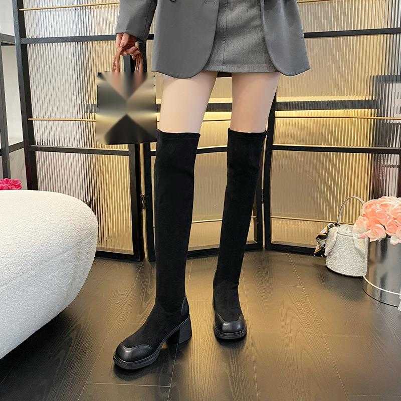 CMM Autumn and Winter Knee High Elastic Boots Womens Korean Version Non Drop Long Tube Boots Suede Slim Fit Leather Slim Boots
