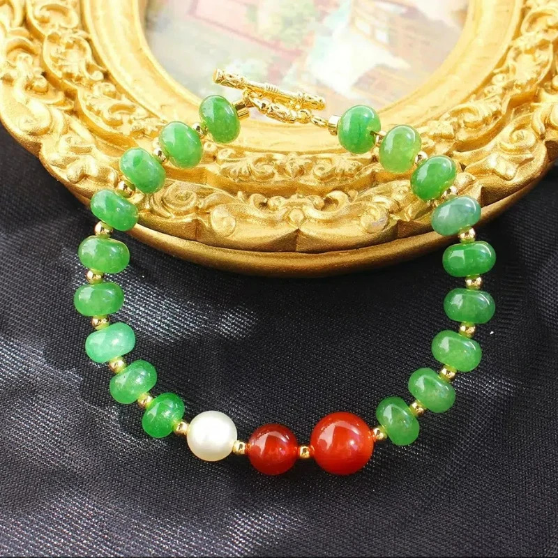 Classic Green Natural Stone Beads Chinese Style Necklace Vintage Red Agate Pearl Bracelet Earrings Jewelry Set Bead Chain 241031