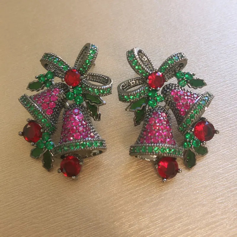 Bilincolor Red and Green Cubic Zirconia Fashion Bell Womens Christmas Earrings 241031