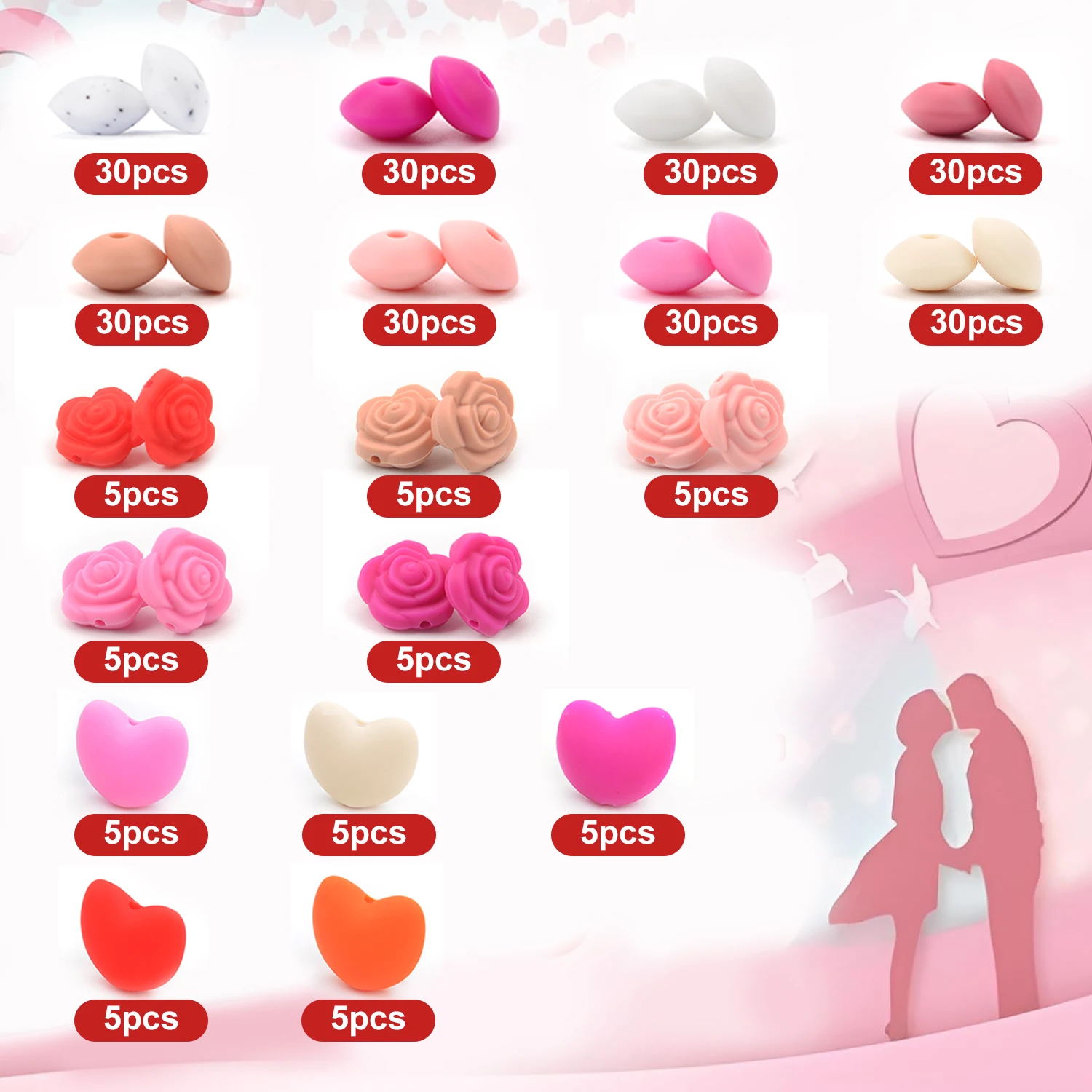 LOFCA Canned Silicone Bead Heart Shape 290pcs Charm Teether Baby Jewelry Nursing Oral Care Pacifier Holder Necklace Valentine