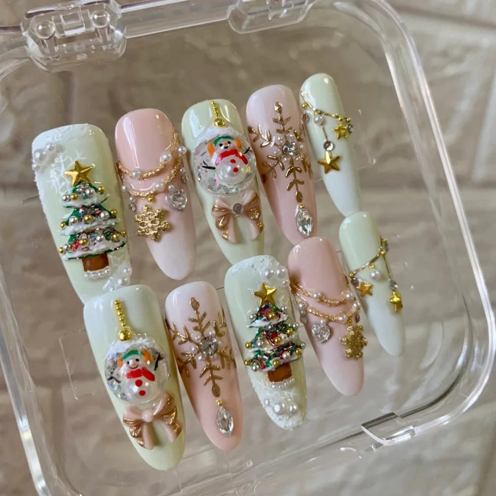 10 pieces of Christmas nail ballet style handmade cute snowman 3D long oval fake nail n art DIY nails pressed on nails 241031