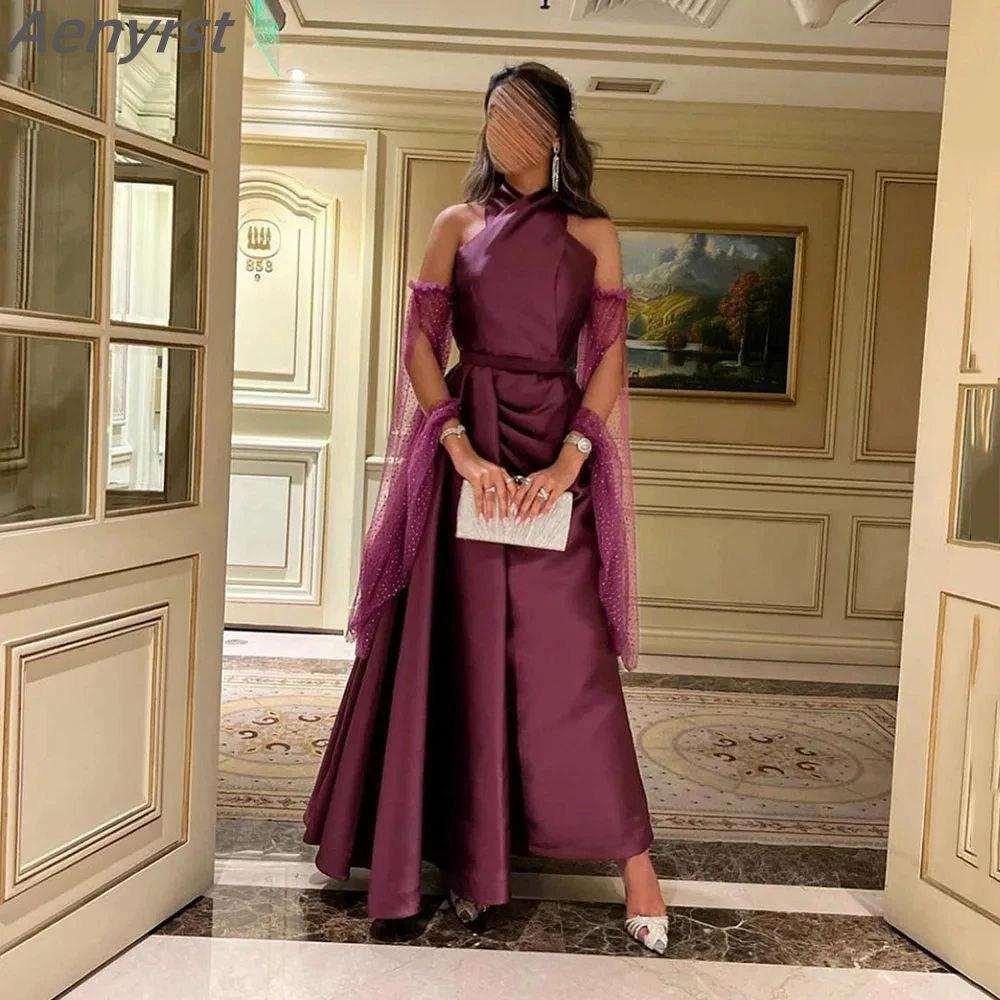 Aenyrst Elegant Halter Neck Wedding Party Bridal Formal Dresses Purple Strench Satin Evening Dresses Pleats Long Prom Gowns
