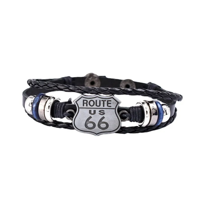 Vintage US Route 66 Printed Pattern Bracelet Men's Bracelet Metal Multilayer Leather Bracelet Accessories New Party Jewelry