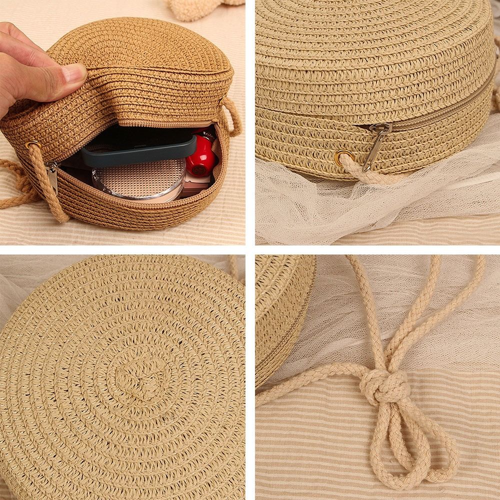 Fashion Summer Beach Bag Rattan Woven Straw Handbag Round Straw Bag Ladies Cute Rattan Woven Handbag Candy Color Small Handbag