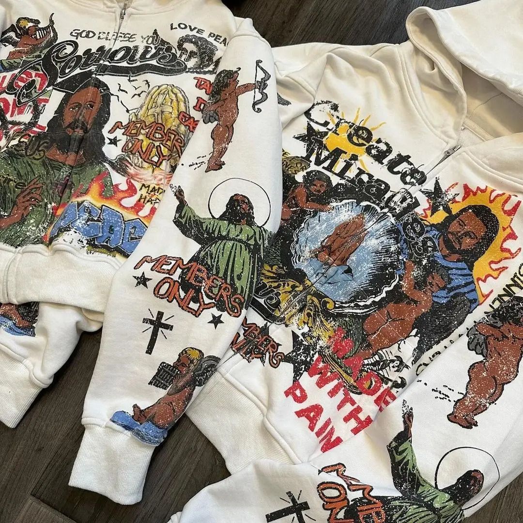 Y2k Zipper Hoodie Large Pattern Printed Long Sleeve Sweatshirt Mens Harajuku Zipper Hoodie 241030