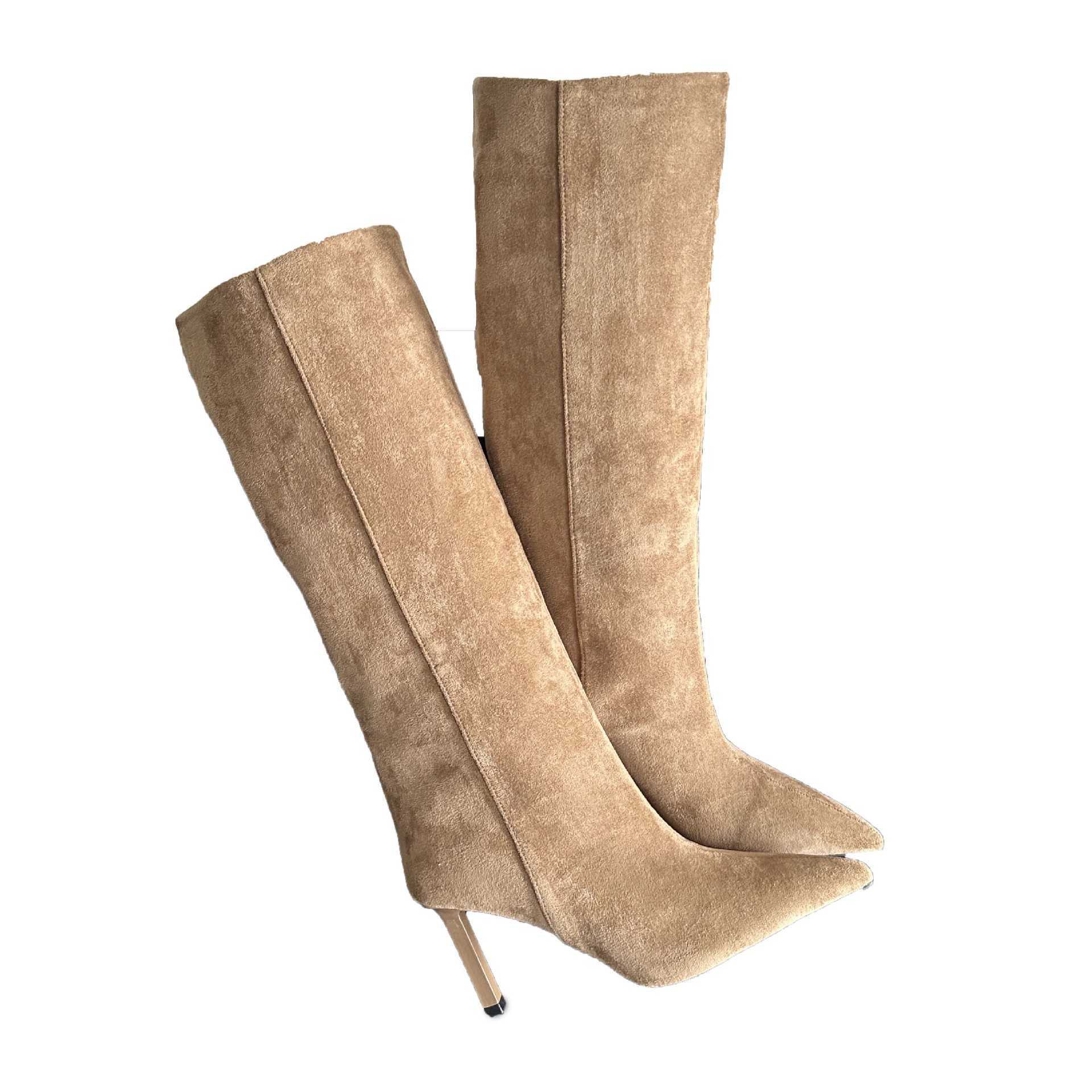 CMM Sharp Pointed and Trendy Suede High Heeled Long Tube Boots for Women Autumn and Winter New Straight Tube Large Tube Circumference Slim Boots and S