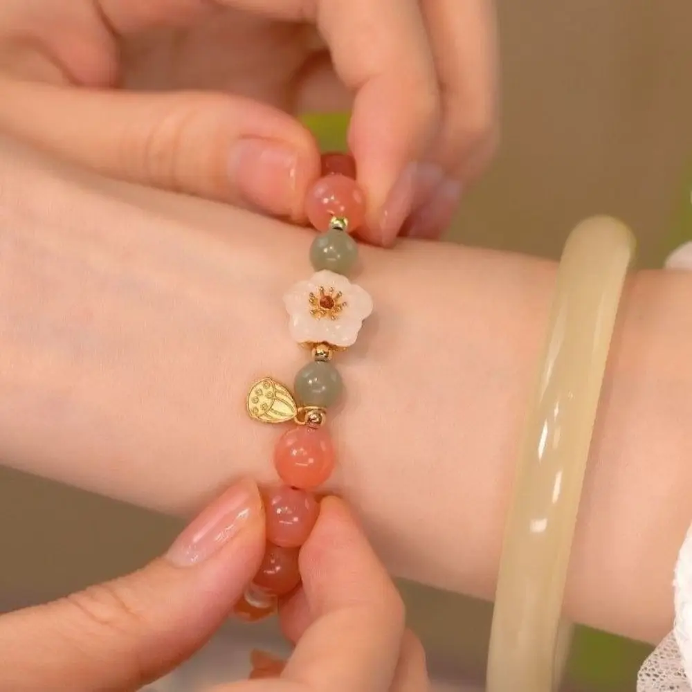 New Chinese Style Jade Bracelet Women's Ancient Style Flower Bead Bracelets Woven Hand Rope Girlfriends Jewelry