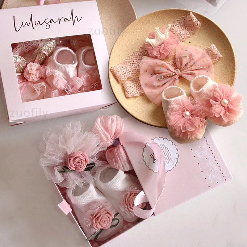 3Pcs/Set Lace Flower Baby Girl Headband Socks Set Cute Floral Crown Bows Newborn Hair Band Turban Kids Hair Accessories