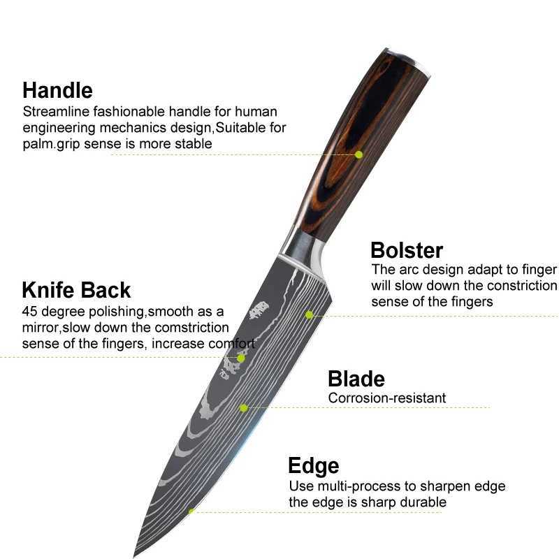 7CR17 Japanese Kitchen Knife Set Laser Damascus Pattern Chef Knife Sharp Santoku Chop and Slice Practical Knife Tool X241102
