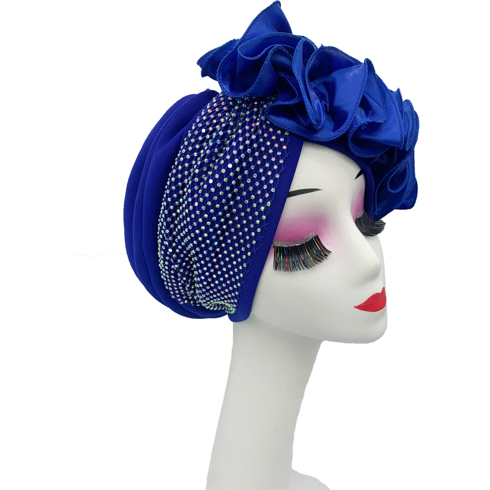 2023 New Diamonds Turban Cap for Women Ruffled African Lady Head Wraps Nigeria Party Headpiece Female Headscarf Bonnet