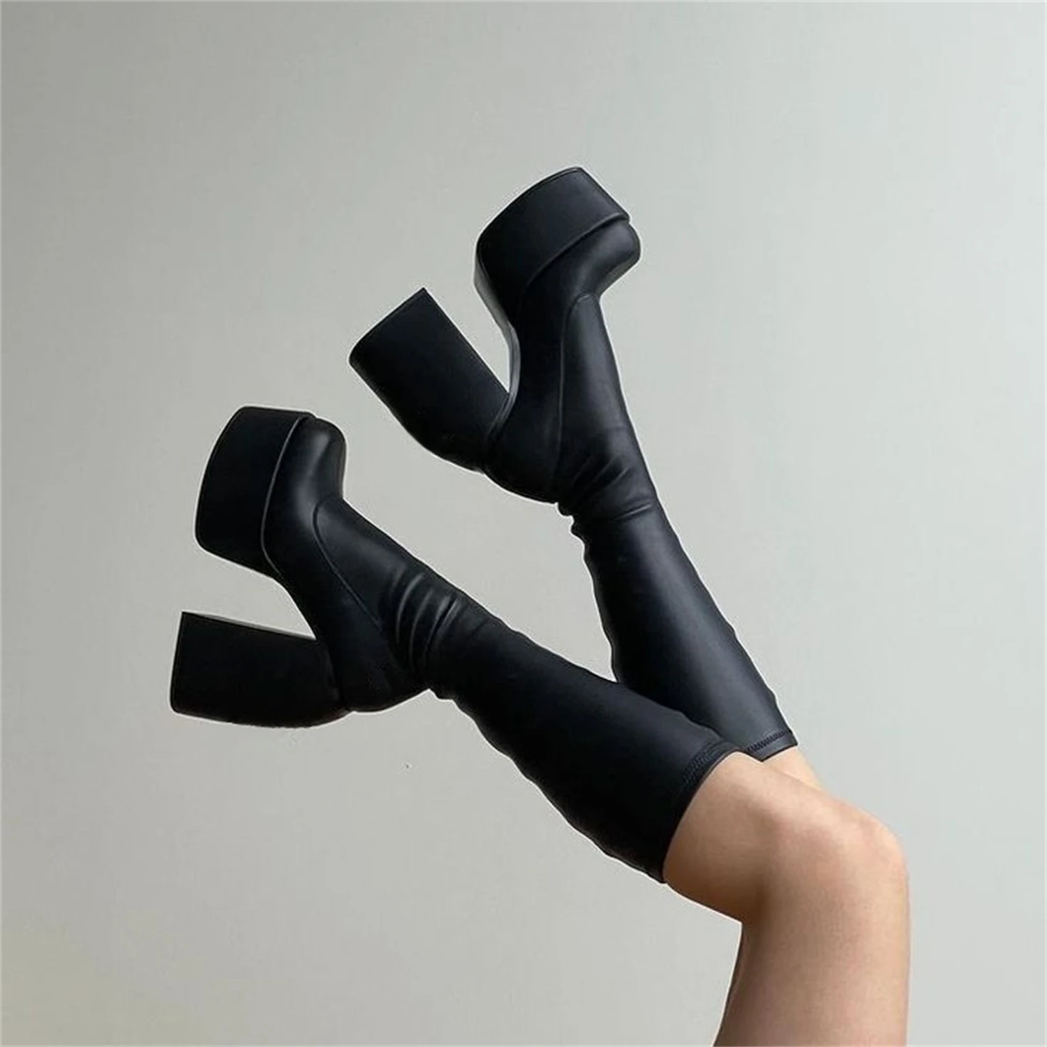 FEMALEAN Bratz Chunky Tight Black Knee High Heels Platform Goth Punk Elastic Leather Boots Ladies Shoes On Offer Free Shipping