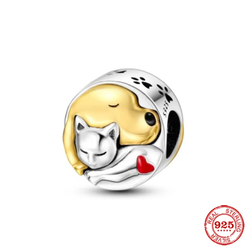 New925 Sterling Silver I Love Puppy Pink Heart Stone Four Leaf Grass Baguette DIY fine beads Charm Fit Original Bracelet