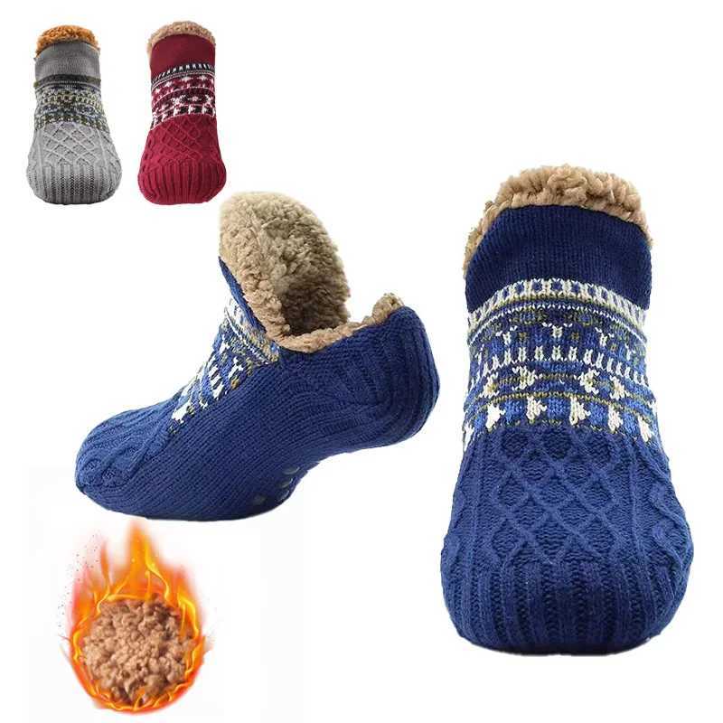 Winter Indoor Slippers Mens Floor Home Bedroom Sleeping Non-slip Knitted Adult Plus Fleece Warm Carpet LX241102