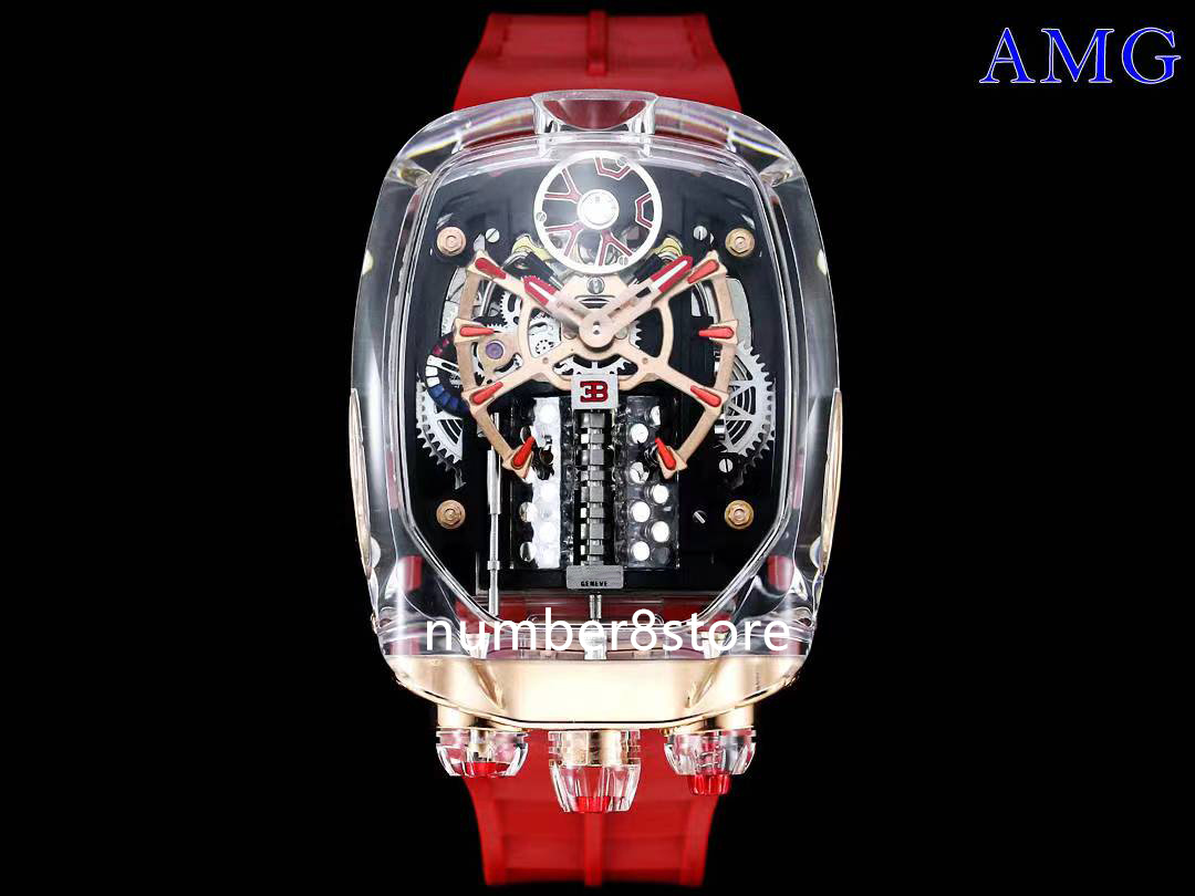 Bugatti Chiron W16 Crystal Red Mens Watch Rose Gold Automatic Tourbillon Style Luxury Watches Tonneau Designer Wristwatch Hypercar Wristwatch 18 Colors