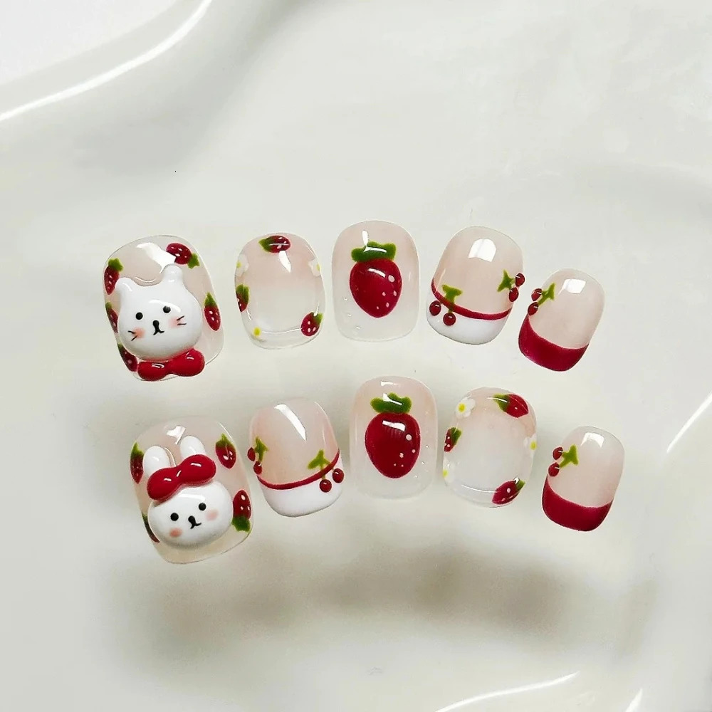 10 handmade pressed nails short square fake nails Christmas and Year limited edition red diamond nail n with set 241031