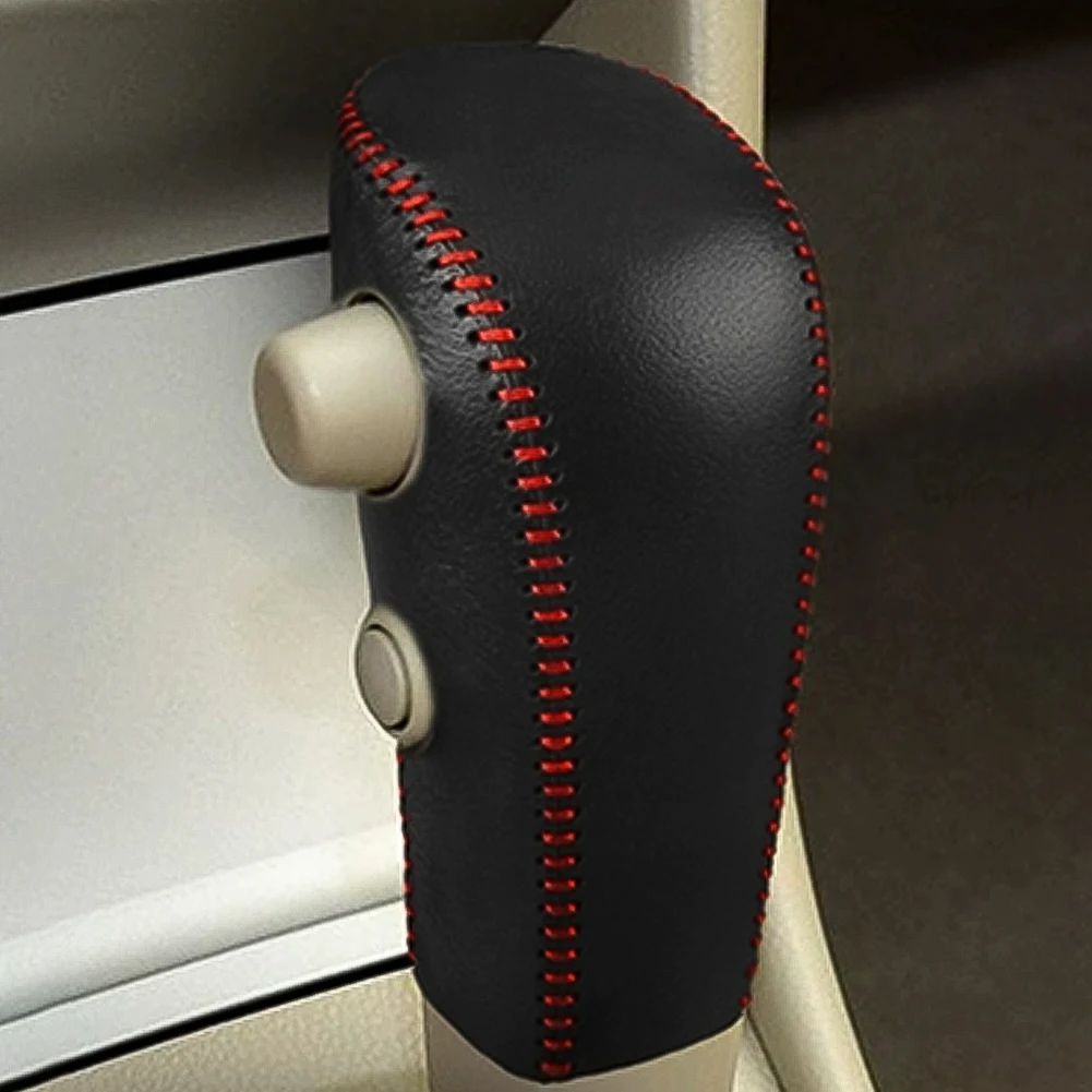 Black Genuine Leather Car Gear Head Shift Collars Cover for Nissan Tiida Automatic Knob Case 5