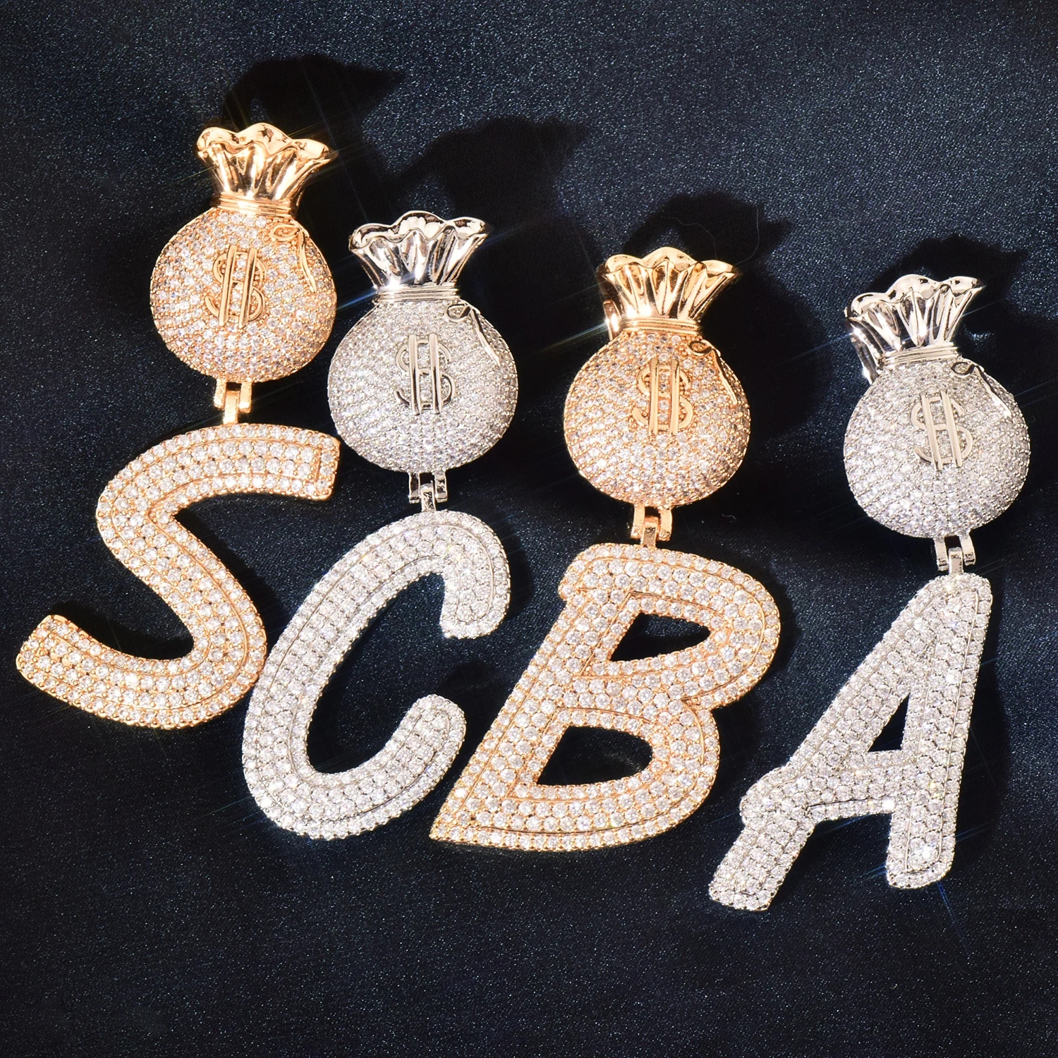 Dollar Bag Bail Initial Letters Pendant Iced Out Cubic Zirconia Gold Silver Color Necklace Chain Men Women Hip Hop Jewelry