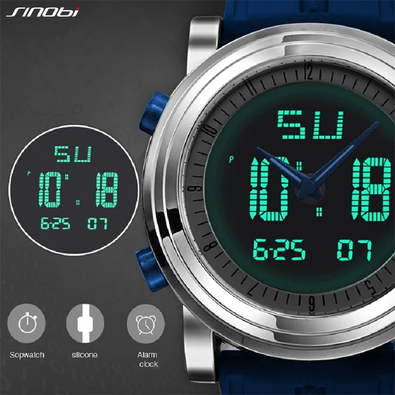 New SINOBI brand Sports Chronograph Men's Wrist Watches Digital Quartz double Movement Waterproof Diving Watchband Males Clock