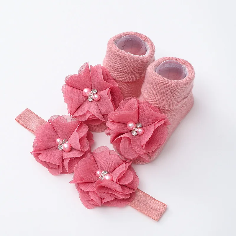1Set Newborn Handmade Pearl Flower Headbands Mid Socks New Baby Soft Prewalker Sock Girl Infant Cute Knitted Hairband Socks