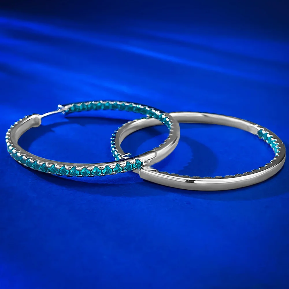 Luxury 100% 925 Solid Silver Blue-Green Tourmaline Hoop Earrings for Women Retro Gemstone Wedding Party Fine Jewelry Lady Gift