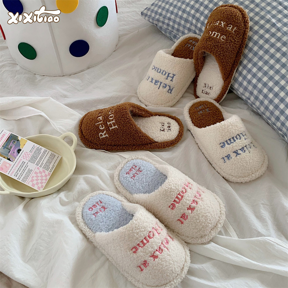Simple creative letters Flat cotton slippers for Women Girls Ladies Fall/Winter Warm fur slide Furry plush mule Luxury women's shoes Flat slipper