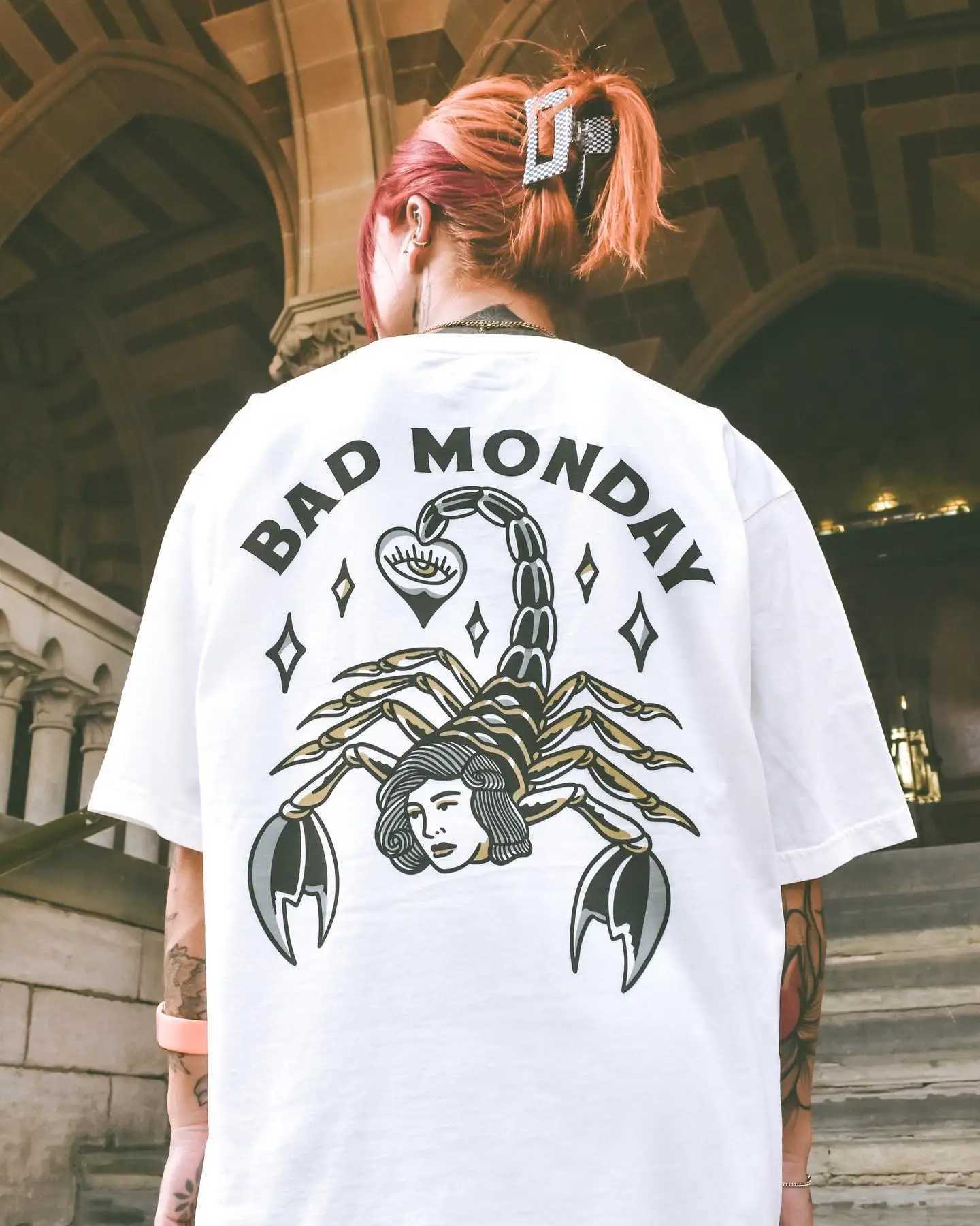 Men's T-Shirts Bad Monday T-Shirt MenWomen Short Shirt White Loose Dark Style100%Cotton Bad Monday Tattoo Culture J240402