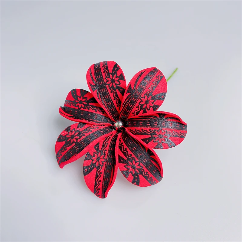 8PCS New Design 9CM Foam Print Tiare Flower Hair Stems With Pearl for Women Tropical Island Hawaiian Polynesian Party Hair Clip