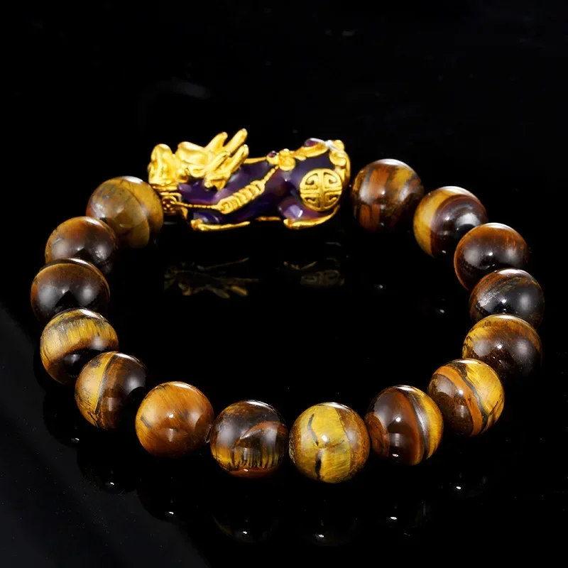 Natural Tiger Eye Beaded Mens Bracelet With Brave Troops Thermochromic Pixiu Charm Strand Bracelets Handmade Jewelry
