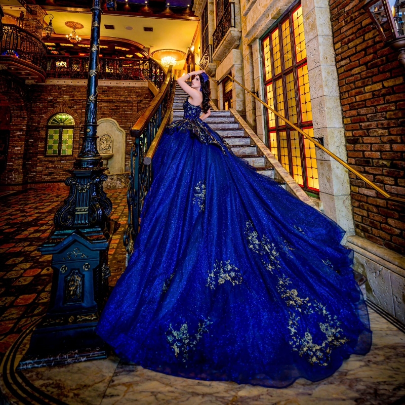 Royal Blue Shiny Quinceanera Dresses Ball Gown Lace Applique Sequins Beads Tull Mexico Corset Sweet 16 Vestido De 15 Anos