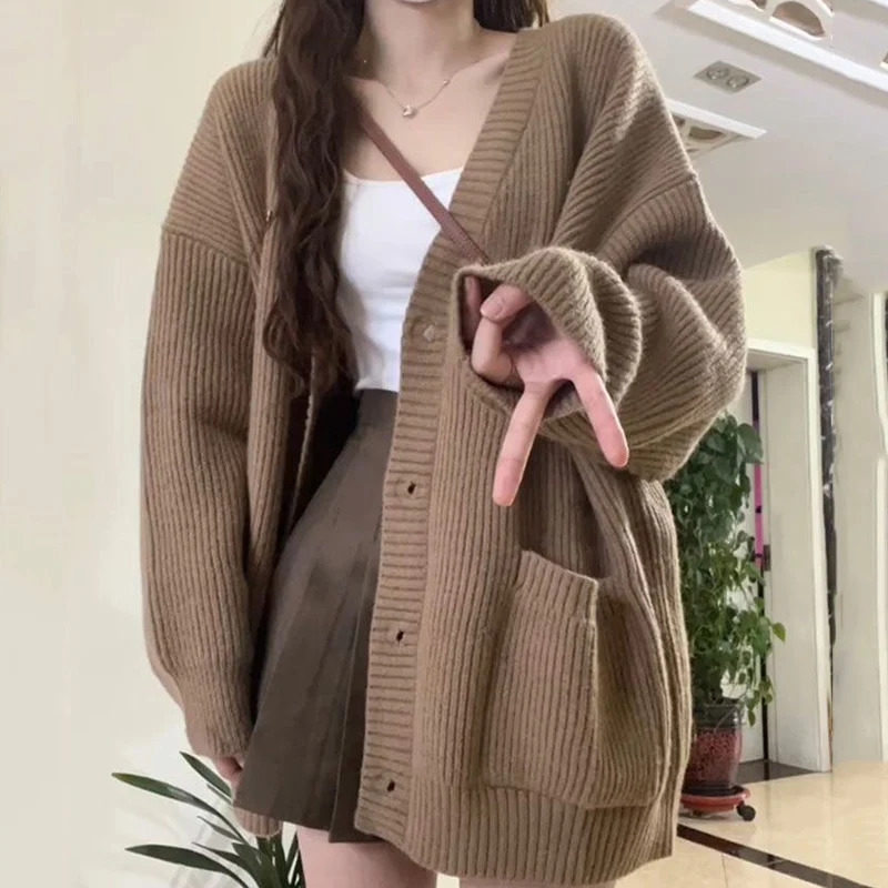 Rim Harajuku loose brown cardigan womens chic V Nekc single chest knitted cardigan womens autumn student sweater jacket 241031