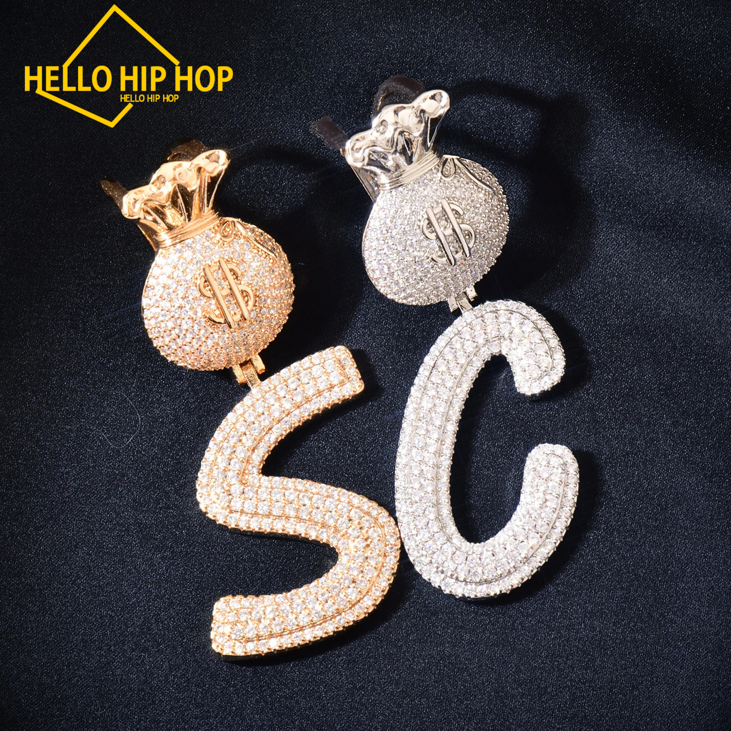 Dollar Bag Bail Initial Letters Pendant Iced Out Cubic Zirconia Gold Silver Color Necklace Chain Men Women Hip Hop Jewelry