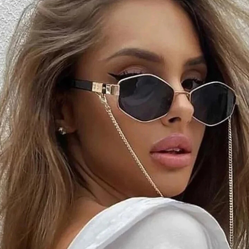 Sexy Sunglasses Women With Chain Small Frame Hexagon Luxury Brand Designer Punk Sun Glasses For Ladies Shades Fashion Square Vintage Cat Eye Oval Meta