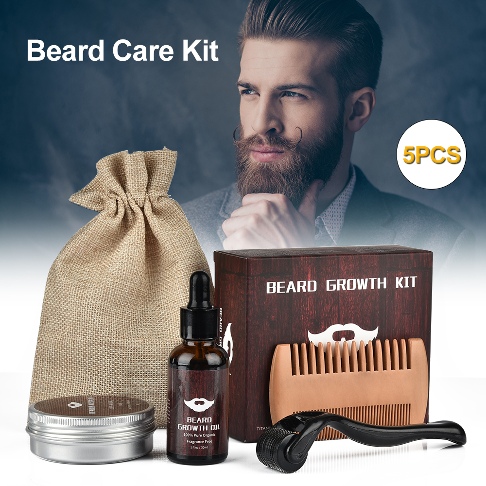 5pcs/set Men Beard Kit Styling Tool Beard Bib Aprons Balm Beard Oil Comb Moisturizing Wax Styling Scissors Beard Care Set