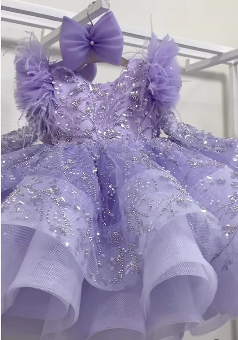 Purple Fluffy Party Dresses for Girls Tiered Tutu Child Girl With Sequined Beads Tulle Flower Girl Dress