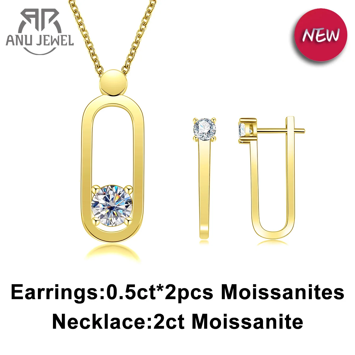 AnuJewel 2ct D Color Moissanite Pin Necklace Yellow Gold Plated Moissanite Pin Earrings Wedding Jewelry Set Gifts For Women