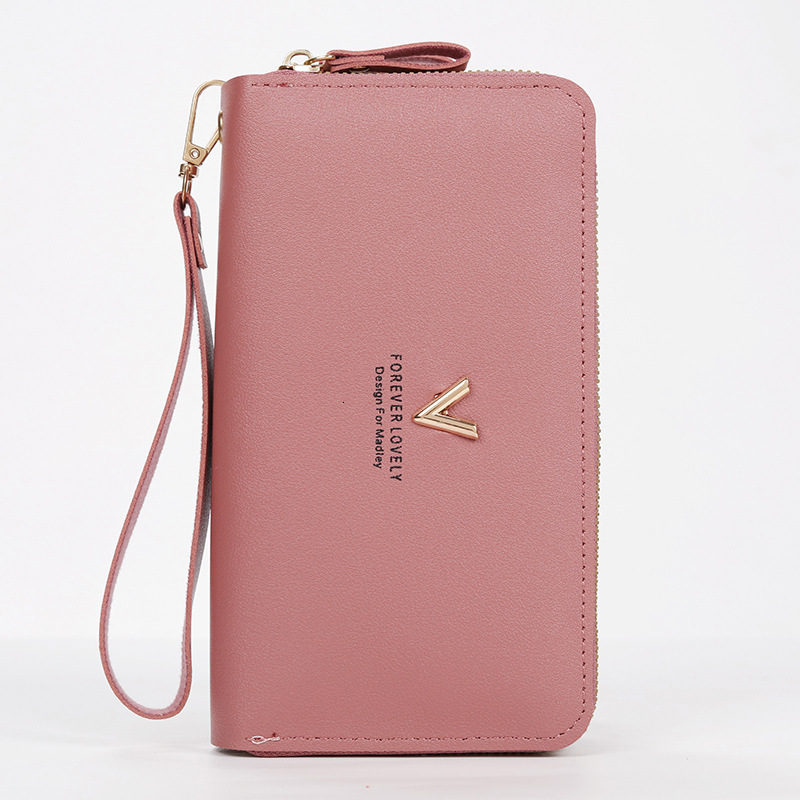 New designer women's double zipper wallet fashion V women's solid color leather coin wallet women's long wristband card holder handbag