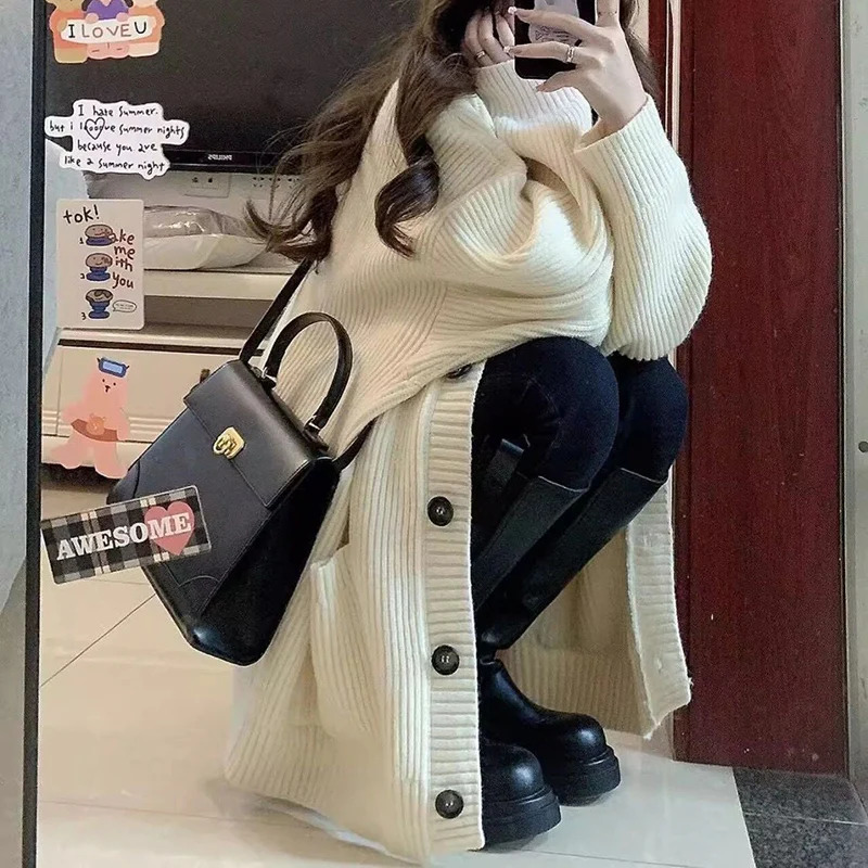 Rim Harajuku loose brown cardigan womens chic V Nekc single chest knitted cardigan womens autumn student sweater jacket 241031