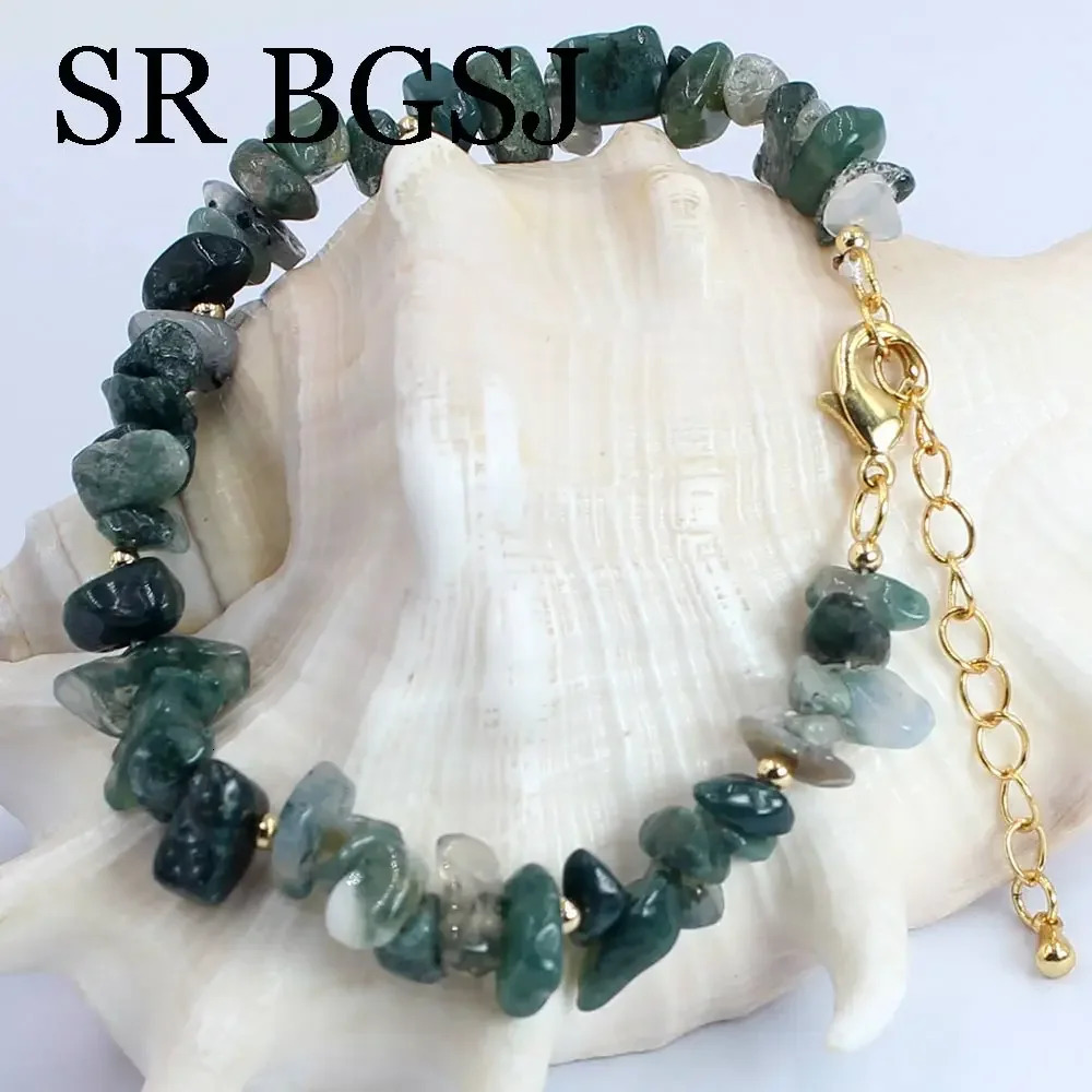 6-8mm green moss agate natural gemstone womens necklace bracelet jewelry set 17.5 7-8 241031