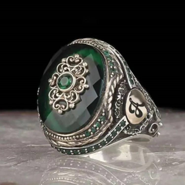 New Retro Turkish Handmade Silver Color Men Rings Vintage Carved Eagle Pattern Black Zircon Stone Rings 2022 Punk Muslim Jewelry