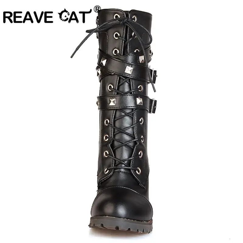 REAVE CAT Women Mid Calf Boots Thick High Heels Round Platform Buckle Zipper Rivets Lace Up Leather Botas Winter Fur 43 QA3646